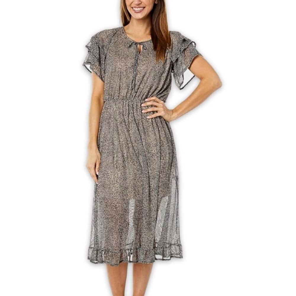 Bobeau Midi Dress Fit & Flare Spotted Flutter Sleeve Notch Brown Women's S NWOT